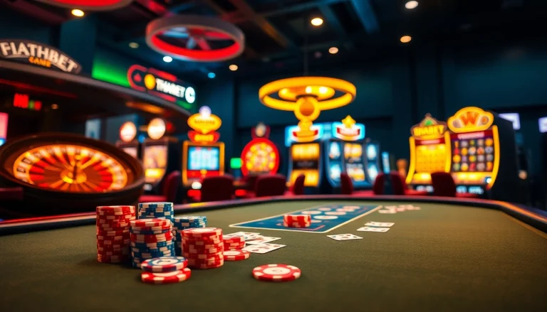 Exciting THABET poker players engaged at a vibrant casino table, featuring colorful chips and cards.