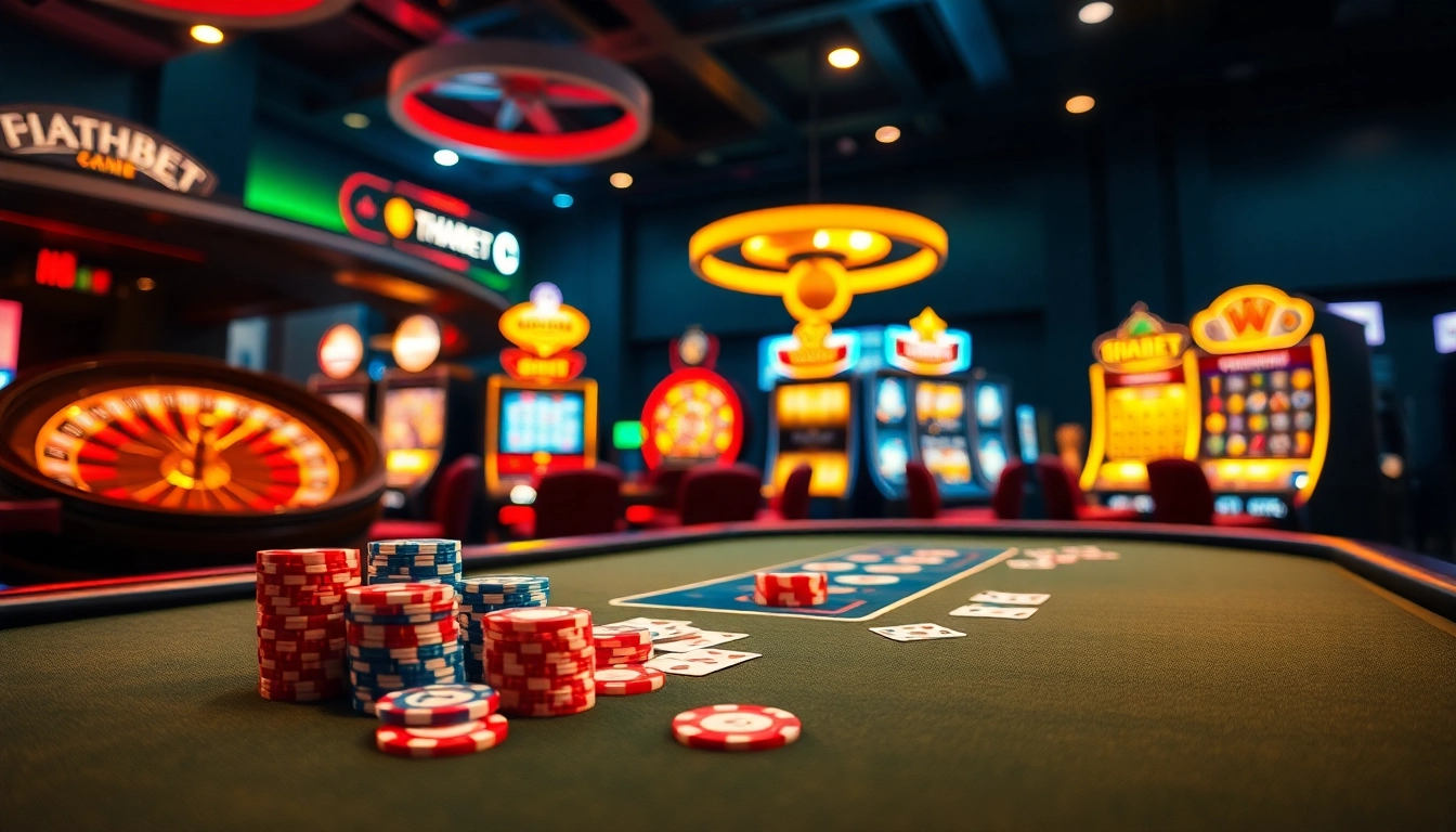 Exciting THABET poker players engaged at a vibrant casino table, featuring colorful chips and cards.