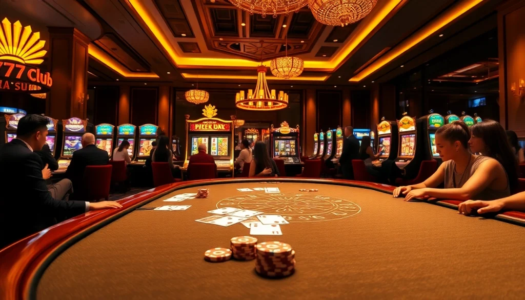 Players enjoy thrilling poker at 789club's high-stakes casino table, surrounded by vibrant slot machines.