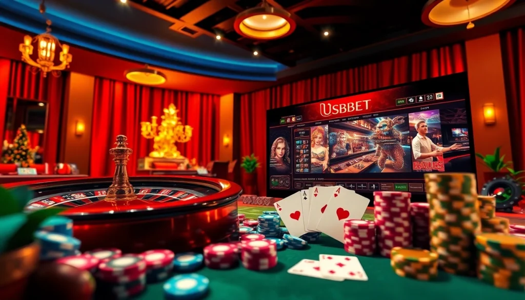 Engage in thrilling gameplay with USBET's vibrant online casino featuring poker chips and cards.