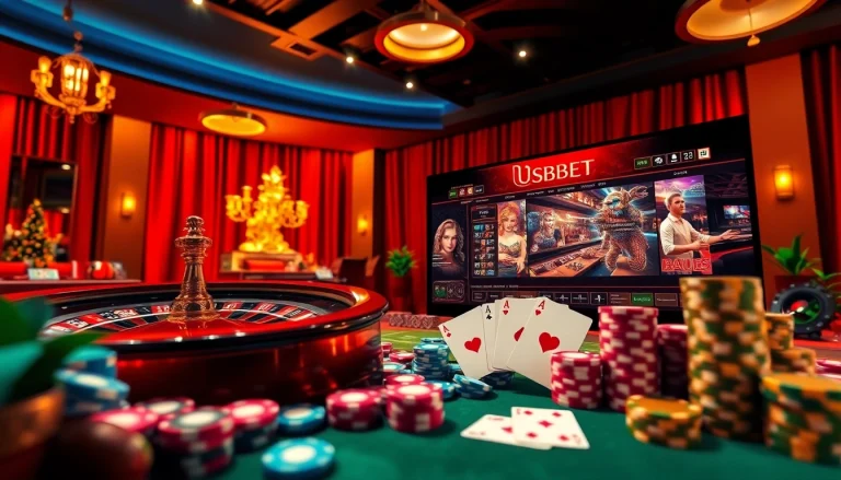 Engage in thrilling gameplay with USBET's vibrant online casino featuring poker chips and cards.