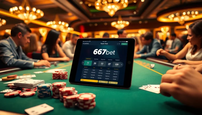 The 667bet App interface displayed on a tablet, surrounded by vibrant casino elements, showcasing a luxurious gambling atmosphere.