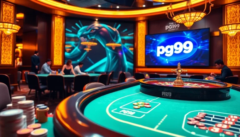 Experience the excitement of pg99 at a luxury casino gaming table filled with vibrant chips and cards.