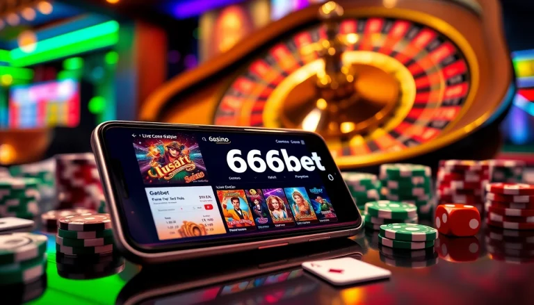 Experience the thrill of gaming with the 6666bet App on a smartphone amid vibrant casino elements.
