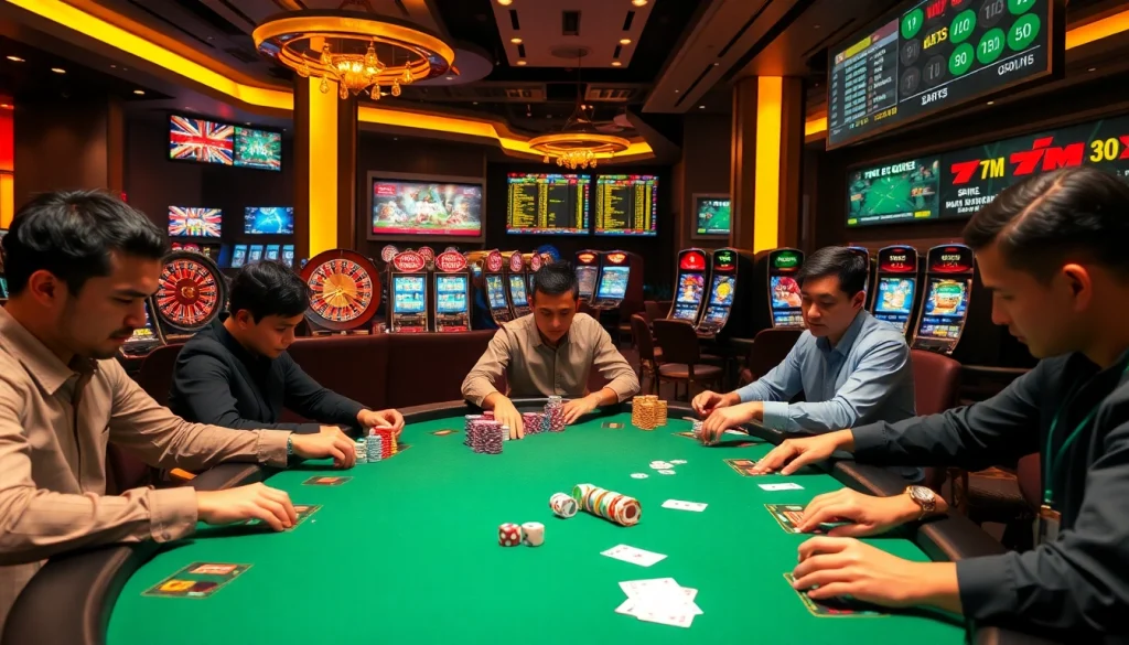 Experience the excitement of 7m sports betting in a vibrant casino scene filled with poker and roulette.