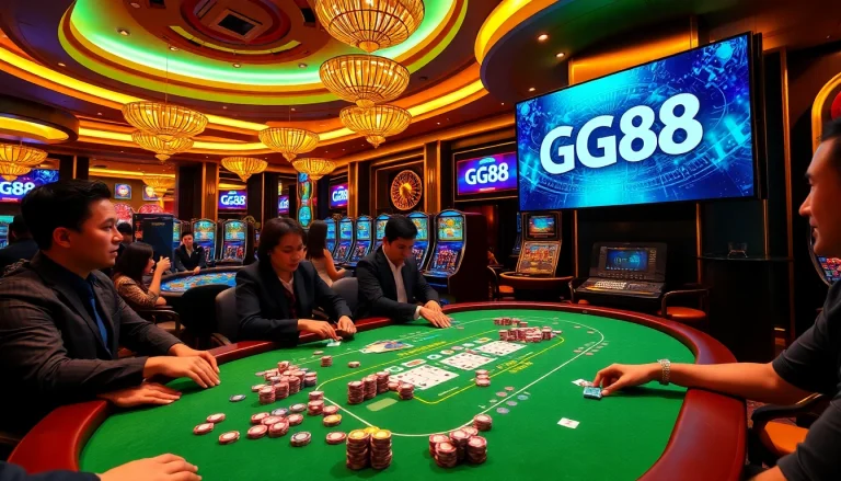 Players enjoying a vibrant GG88 casino experience with poker chips and cards.