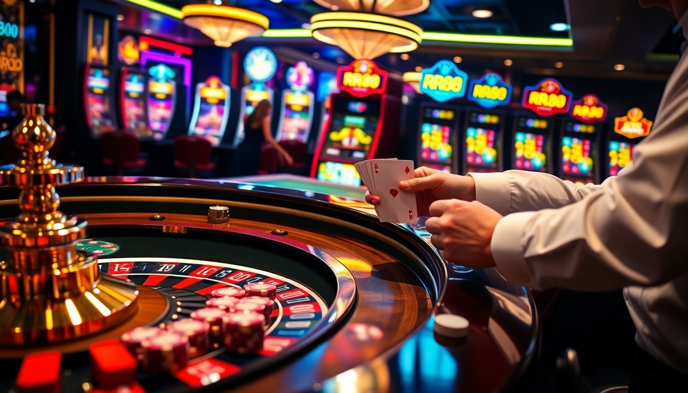 RR88 casino scene with roulette, cards, and vibrant slot machines, showcasing excitement in gambling.