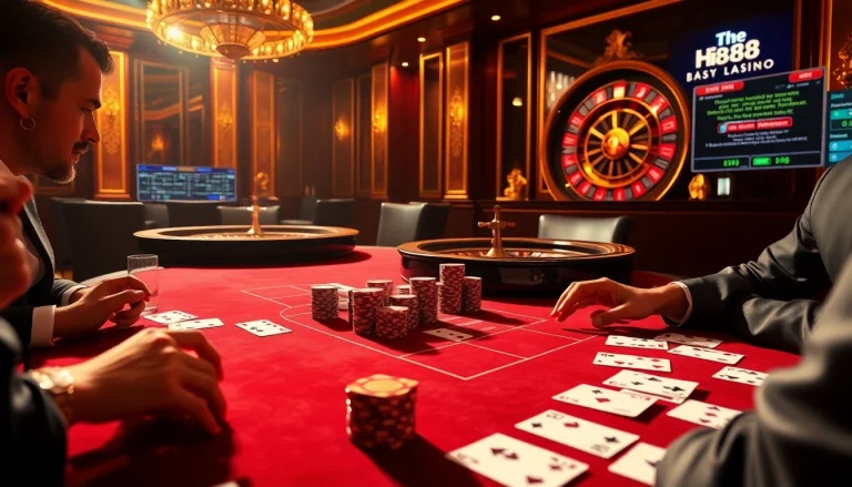 Betting at the baccarat table with the Hi88 Link prominently displayed on digital screens.