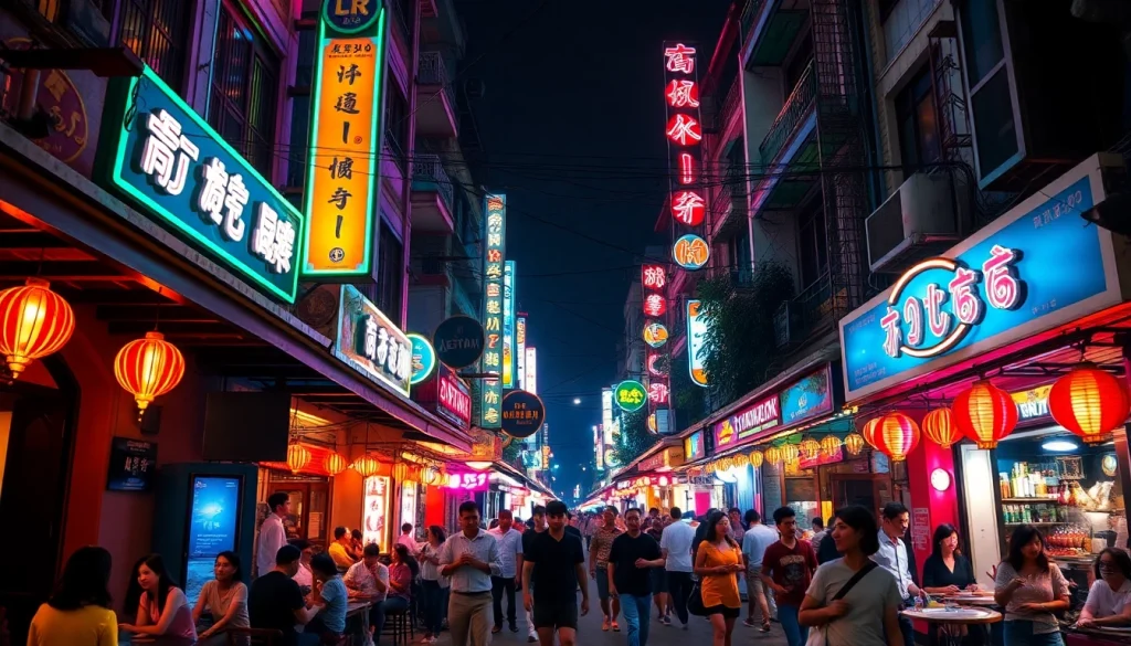 Experience 하노이밤문화 in a lively street filled with vibrant nightlife, neon lights, and cultural richness.