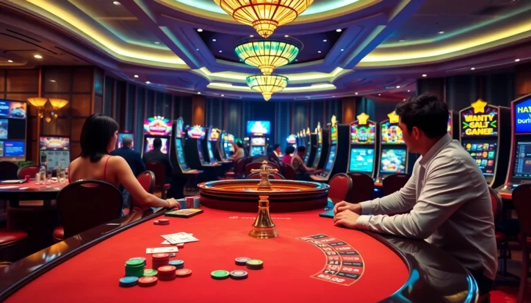Engage in thrilling online gambling at https://mm88.sh/ with vivid casino action and dramatic lighting.