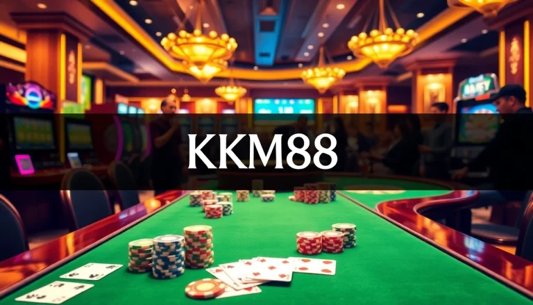 Engage in gaming thrills at KM88 with colorful poker chips and a glamorous casino table.