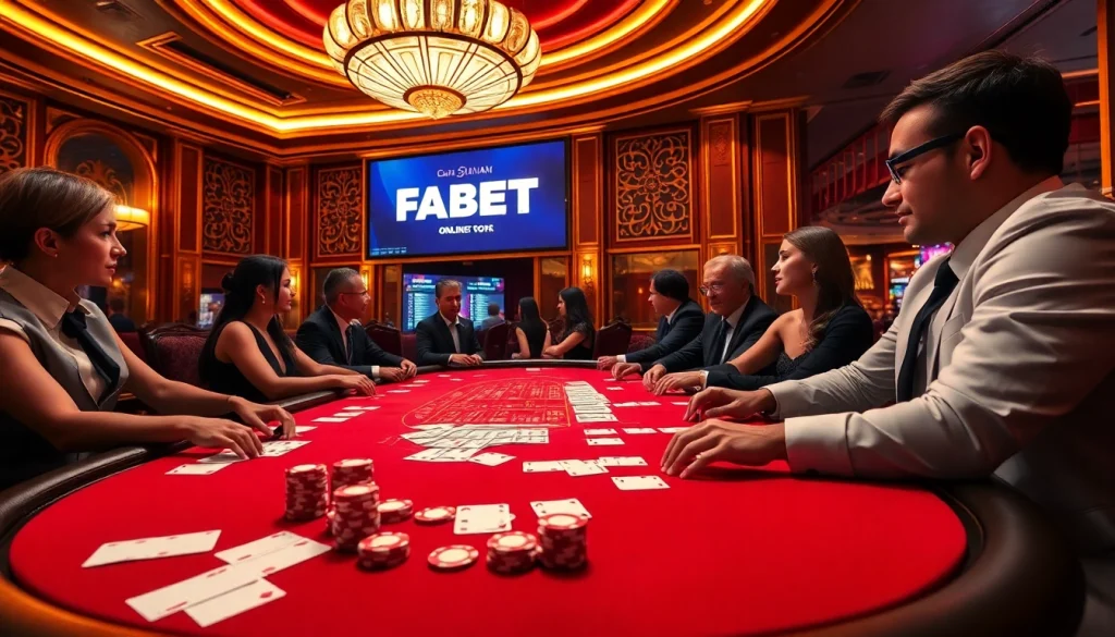FABET casino excitement with players at a luxurious poker table, showcasing high-stakes gambling.
