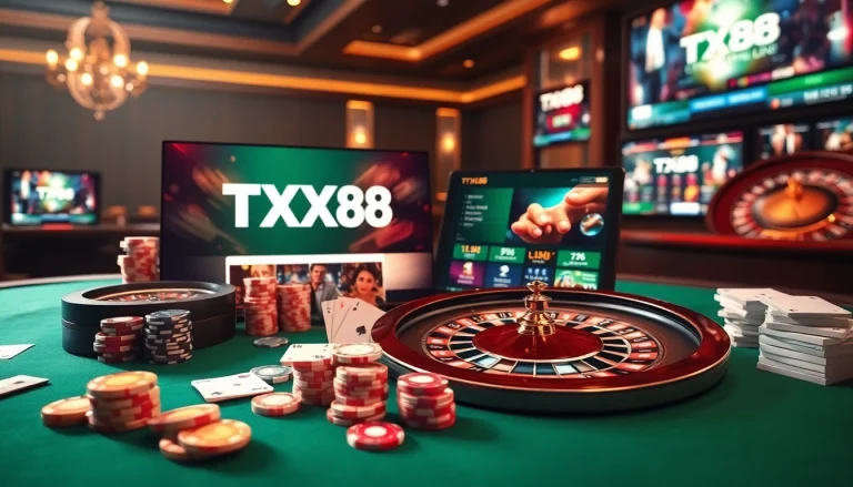 Gambling excitement at TX88 with poker chips and roulette wheel in a luxurious casino setting.