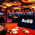 Engaging Bu88 casino scene with poker tables and roulette wheels, showcasing lively gaming atmosphere.