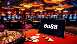Engaging Bu88 casino scene with poker tables and roulette wheels, showcasing lively gaming atmosphere.
