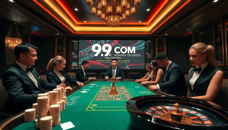 Players engaged in an upscale game setting at 99OK COM, featuring poker chips and a roulette wheel.