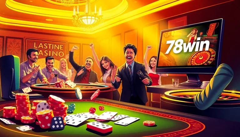 Excited players engaging with 78win's online gambling interface at a luxurious casino.