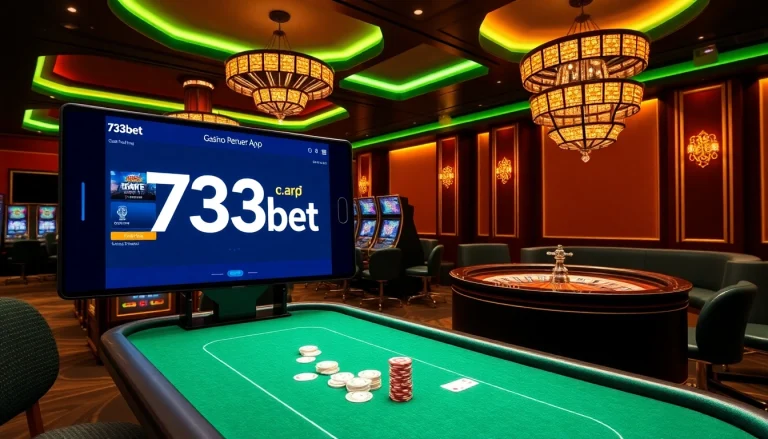 Experience the excitement of gaming with 733bet App in a lively casino environment featuring tables and slot machines.