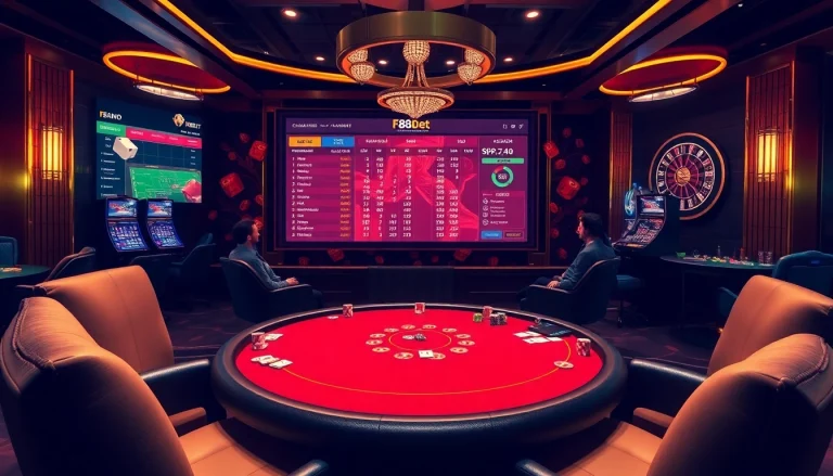 F8Bet high-stakes poker game with chips and cards in a luxurious casino setting.