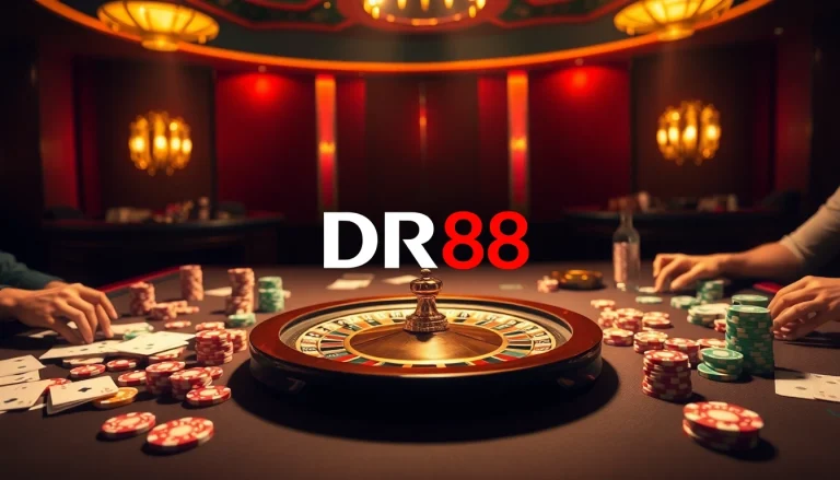 Exciting gameplay experience with DR88 at a luxurious casino table filled with poker chips and cards.
