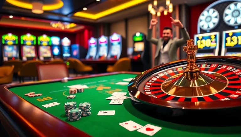 Experience thrilling gameplay at Go8 casino with poker tables, chips, and roulette wheels.