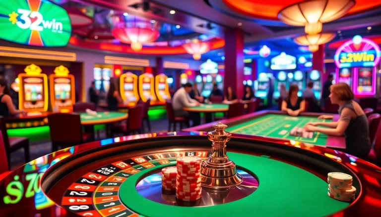 32win players placing bets at a vibrant casino table surrounded by glowing slot machines.