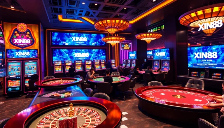 Experience a thrilling game at XIN88's luxurious online casino featuring vibrant slot machines.