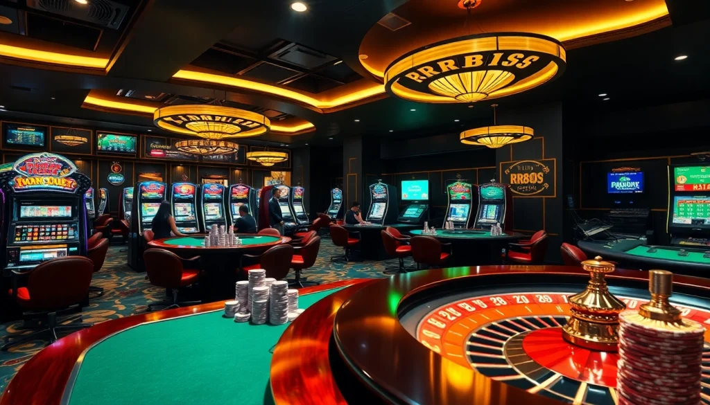 Experience the excitement of RR88 with vibrant casino tables and engaging slot machines.