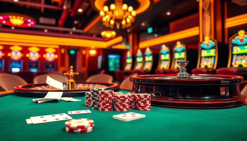 Engage with thrilling games at 999bet's luxury casino, featuring vibrant poker tables and roulette wheels.