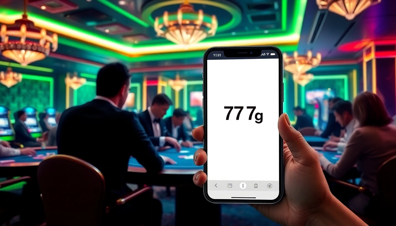 Engage with the 777g App in a vibrant casino atmosphere featuring poker tables and dynamic gameplay visuals.