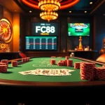 Experience the excitement of gambling at FC88 with a luxurious casino scene showcasing poker tables and roulette wheels.