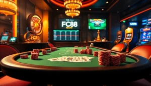 Experience the excitement of gambling at FC88 with a luxurious casino scene showcasing poker tables and roulette wheels.