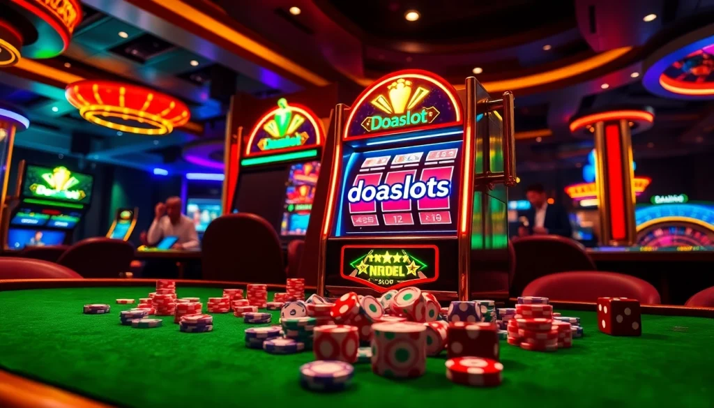 Players enjoying the thrill of the doaslot slot machine at an opulent casino setting.