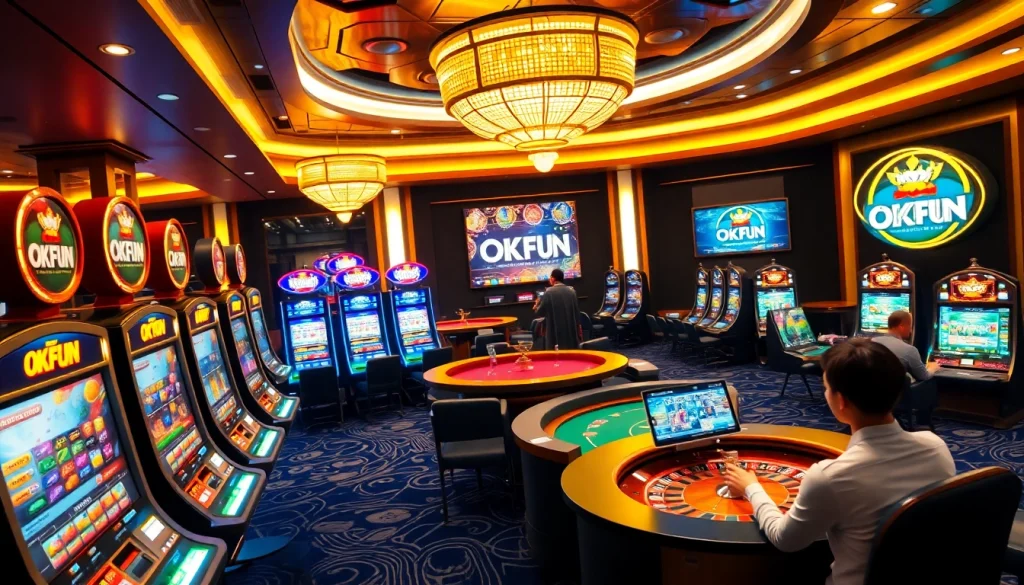 Players engaging in thrilling online gaming experiences at OKFUN casino, featuring vibrant slot machines and poker tables.