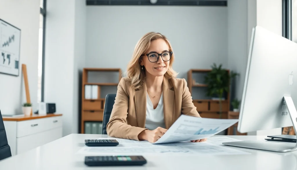 Księgowość dla firmy budowlanej: księgowy analizujący finanse budowlane w profesjonalnym środowisku biurowym.
