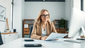 Księgowość dla firmy budowlanej: księgowy analizujący finanse budowlane w profesjonalnym środowisku biurowym.