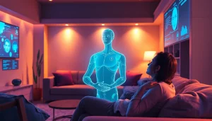 AI-driven interaction in a futuristic setting showcasing sex ai technology and human connection.