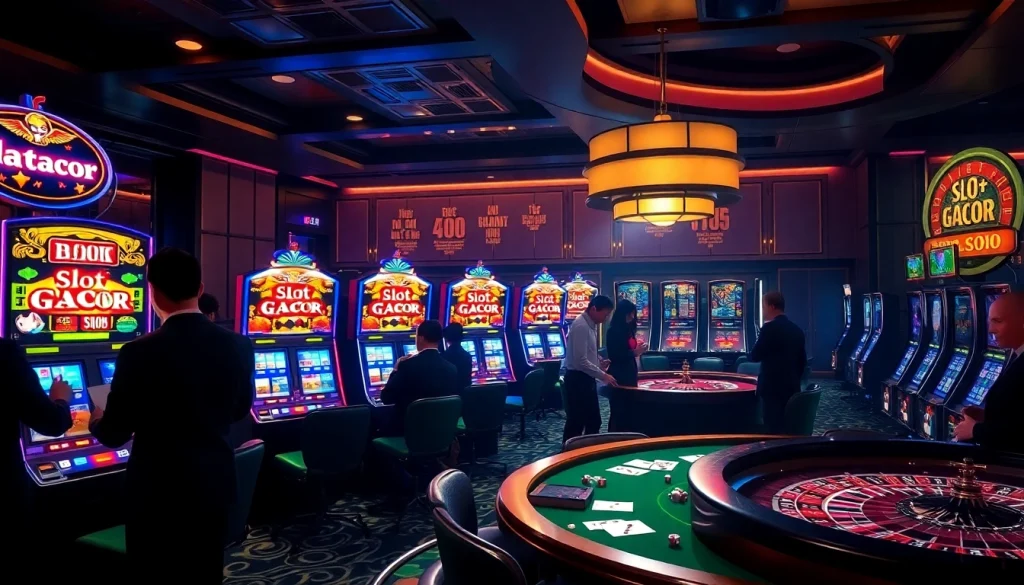 Slots Gacor lighting up excitement at a luxurious casino with players enjoying the thrill.