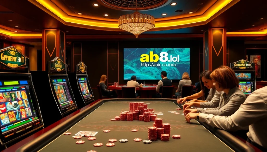 Engage with thrilling online gameplay at https://abc8.lol/, featuring vibrant slot machines and poker tables.