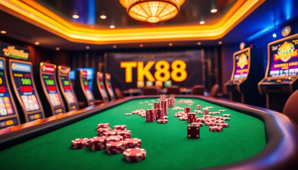 Engage in thrilling online gambling action at TK88, featuring lively casino tables and dynamic gameplay elements.
