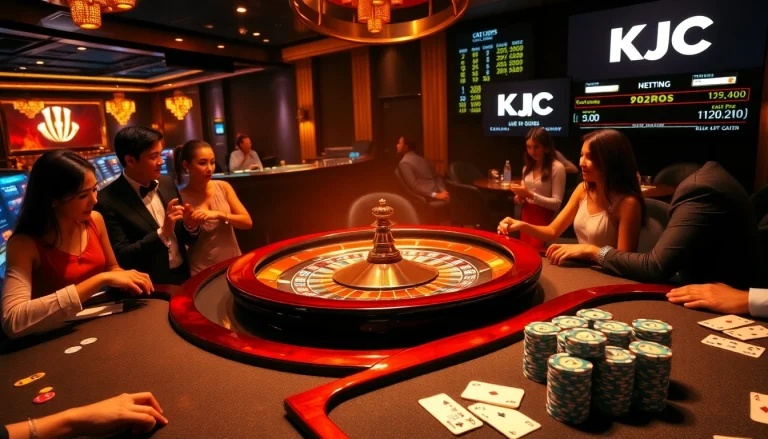 Experience the excitement of KJC through a thrilling casino scene with vibrant gambling elements.