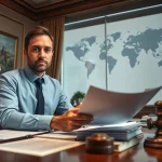 Sworn translation services illustrated with a professional translator in a stylish office.