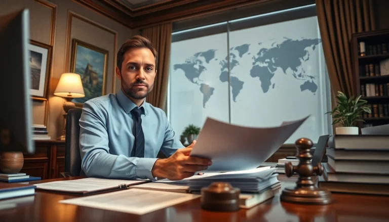 Sworn translation services illustrated with a professional translator in a stylish office.