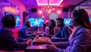 Players enjoying the LC88 Game in a modern gaming lounge, showcasing a vibrant atmosphere.
