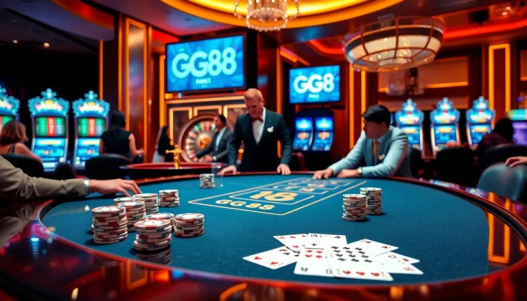 Players enjoy a thrilling game at GG 88 poker table in a vibrant casino environment.