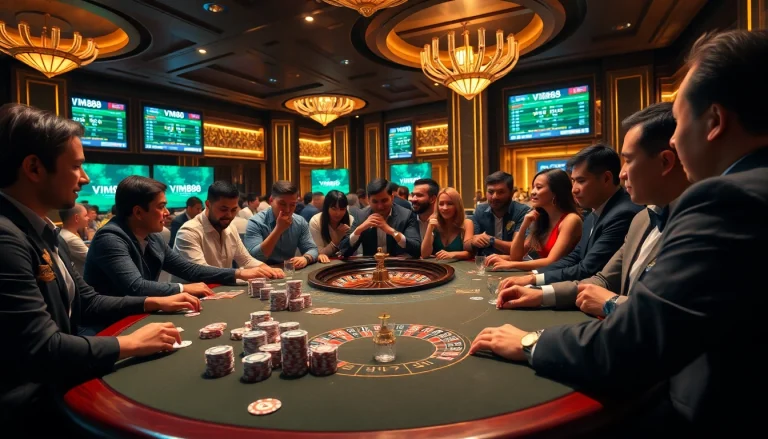 Players enjoying the thrilling VM88 gaming experience at a vibrant casino table.