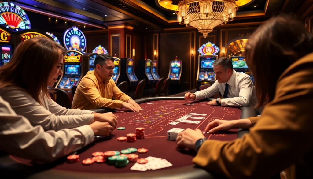 F168 players strategizing at a luxury casino table, immersed in the thrill of gambling.