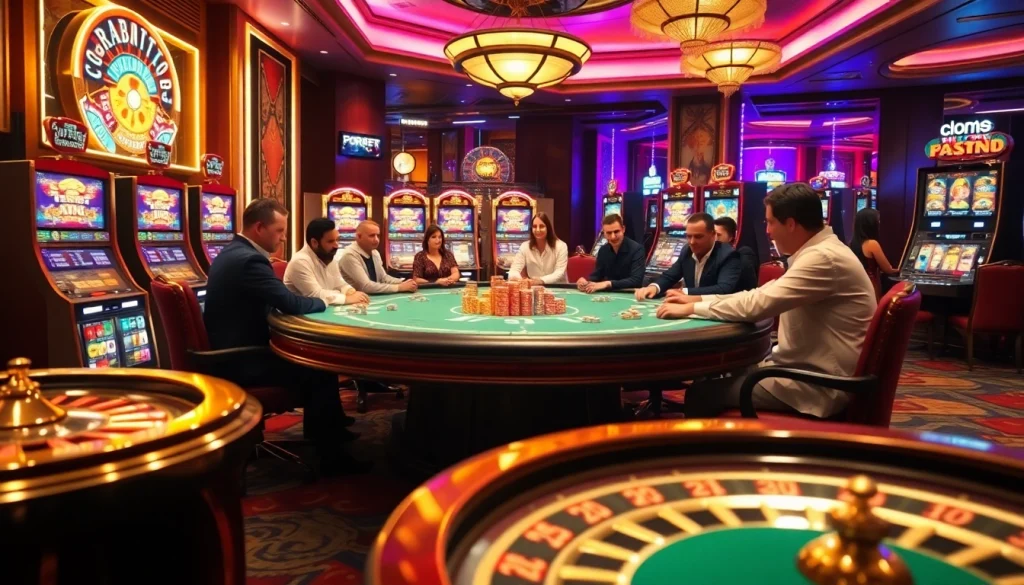 Experience the excitement of s8 at a luxurious casino poker table surrounded by vibrant slot machines.