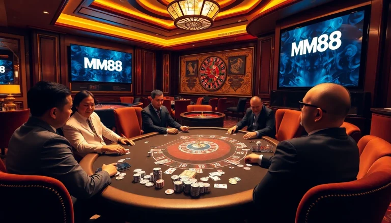 Excited gamblers engaging at a high-stakes game at MM88 casino, surrounded by luxurious decor.