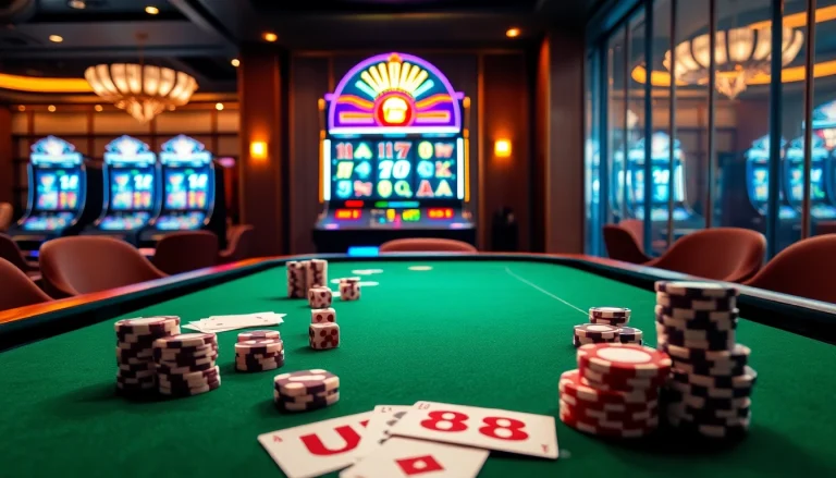 UU88 gaming table surrounded by colorful poker chips and dice in a luxurious casino setting.